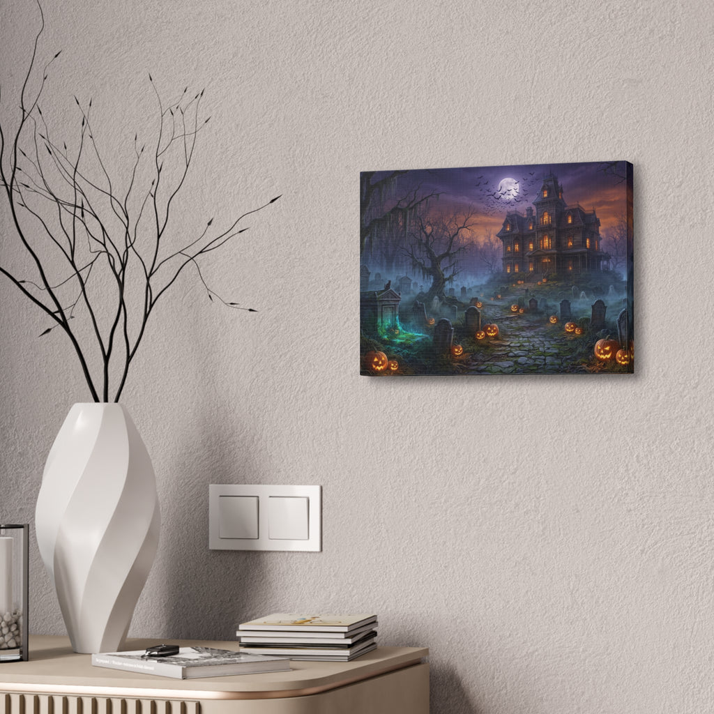 Haunted Halloween Mansion Stretched Canvas Wall Art