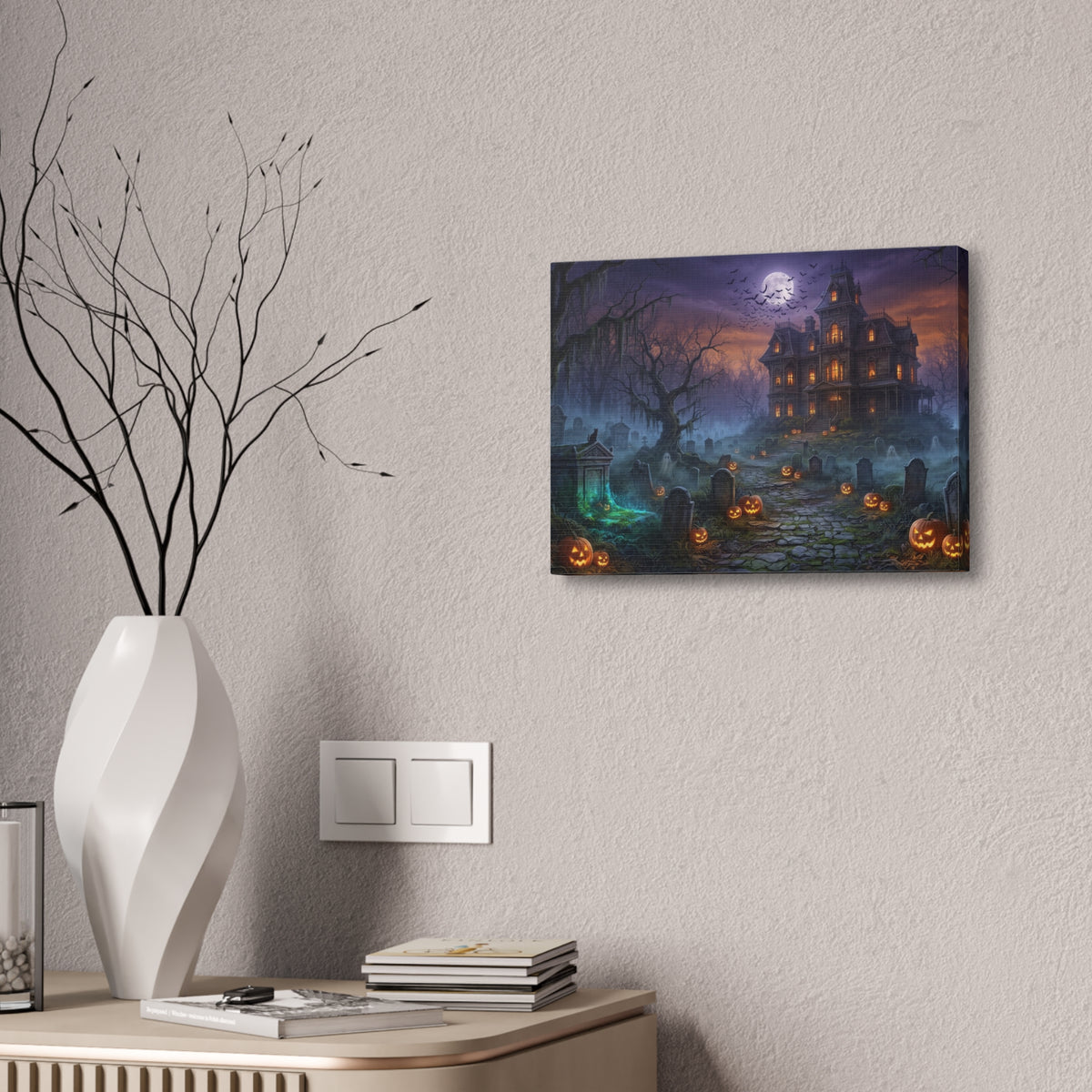 Haunted Halloween Mansion Stretched Canvas Wall Art