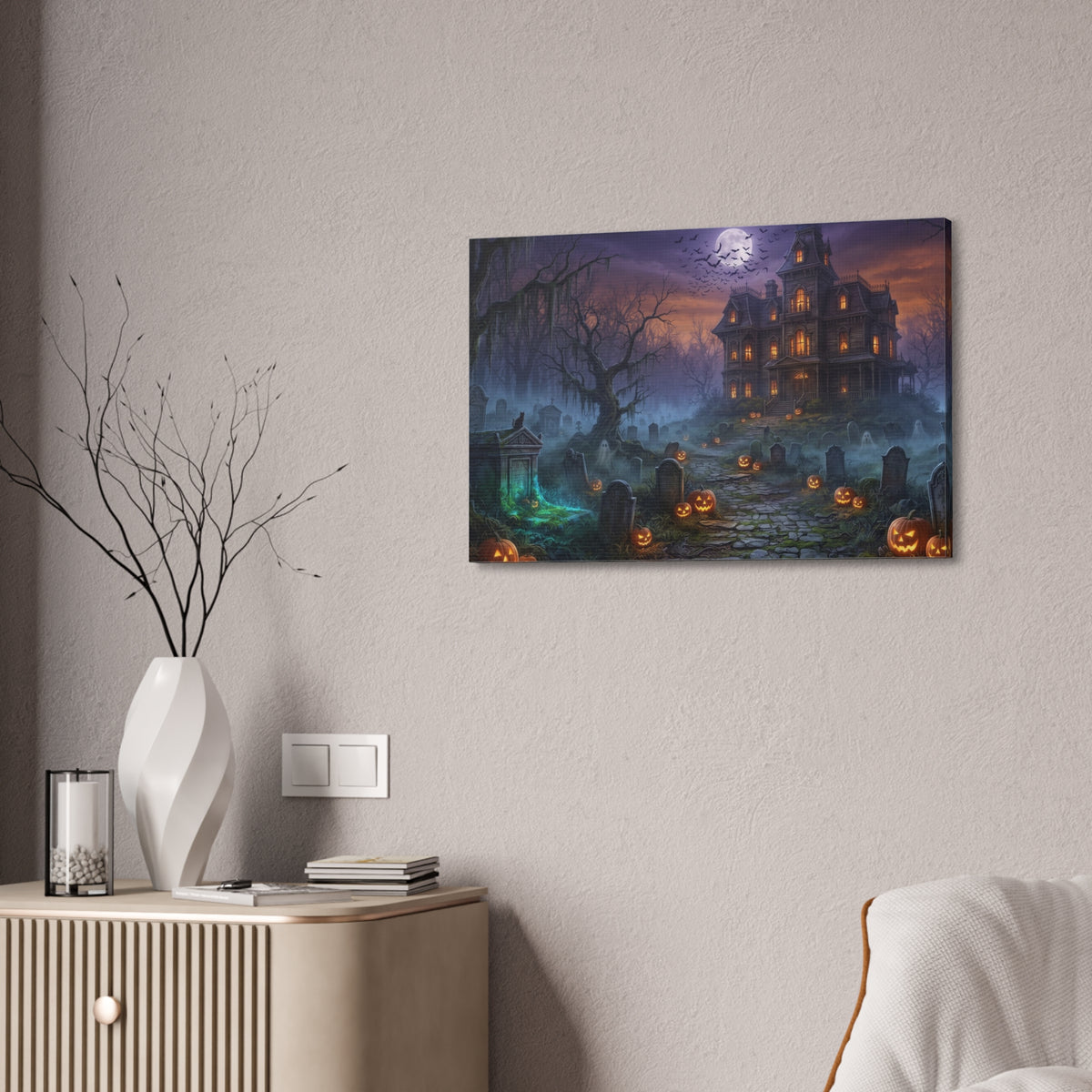 Haunted Halloween Mansion Stretched Canvas Wall Art