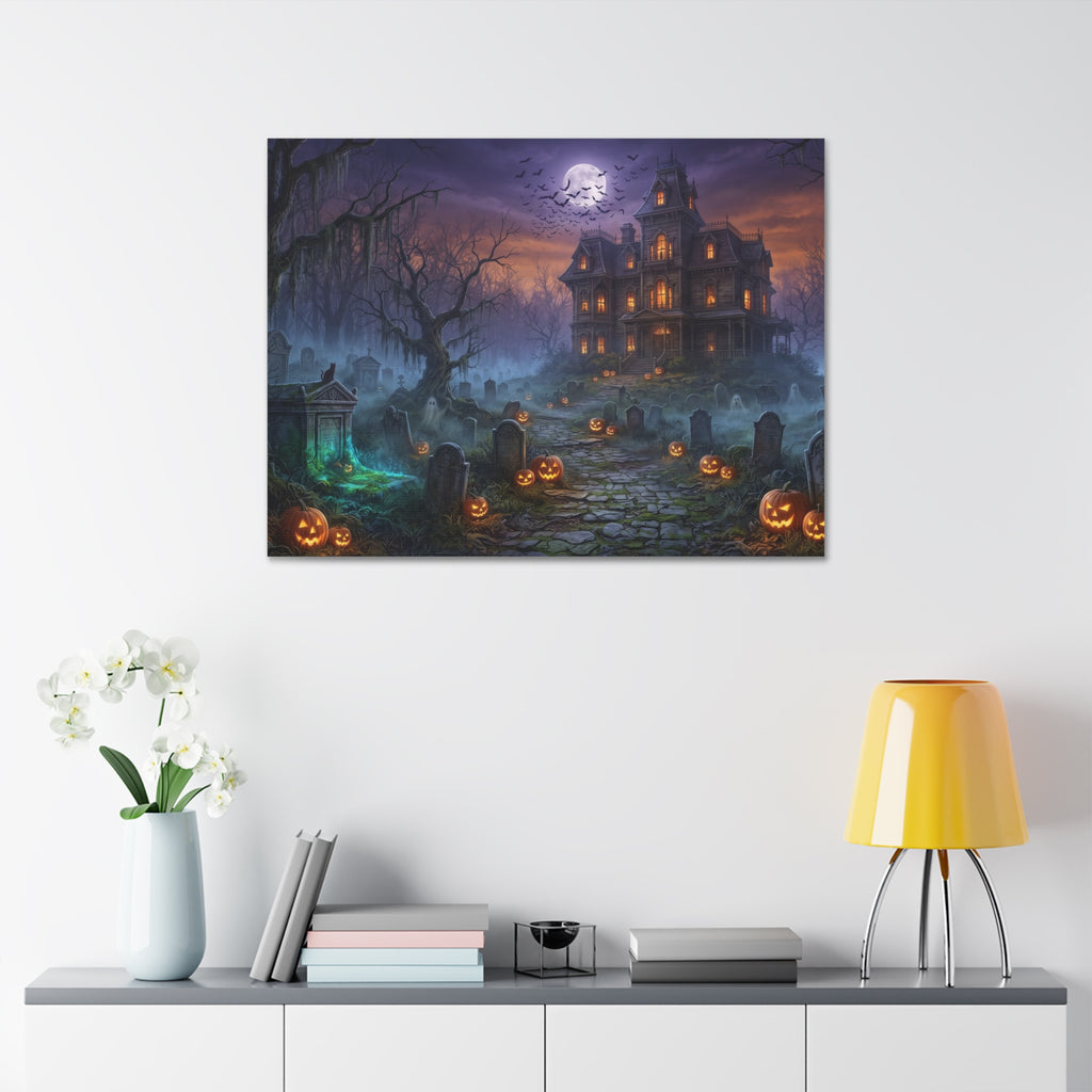 Haunted Halloween Mansion Stretched Canvas Wall Art