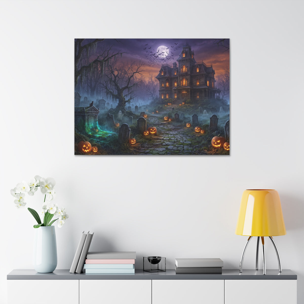 Haunted Halloween Mansion Stretched Canvas Wall Art