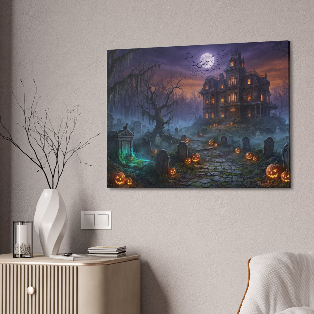Haunted Halloween Mansion Stretched Canvas Wall Art