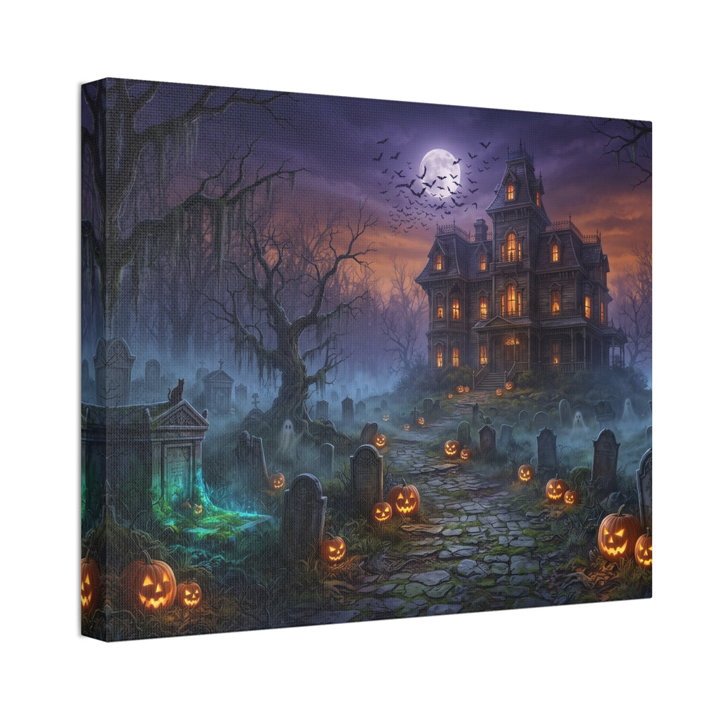 Haunted Halloween Mansion Stretched Canvas Wall Art