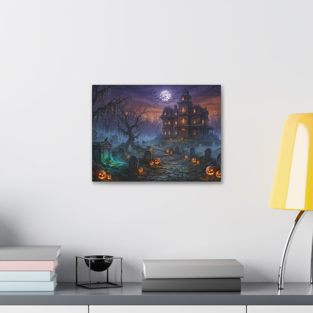 Haunted Halloween Mansion Stretched Canvas Wall Art