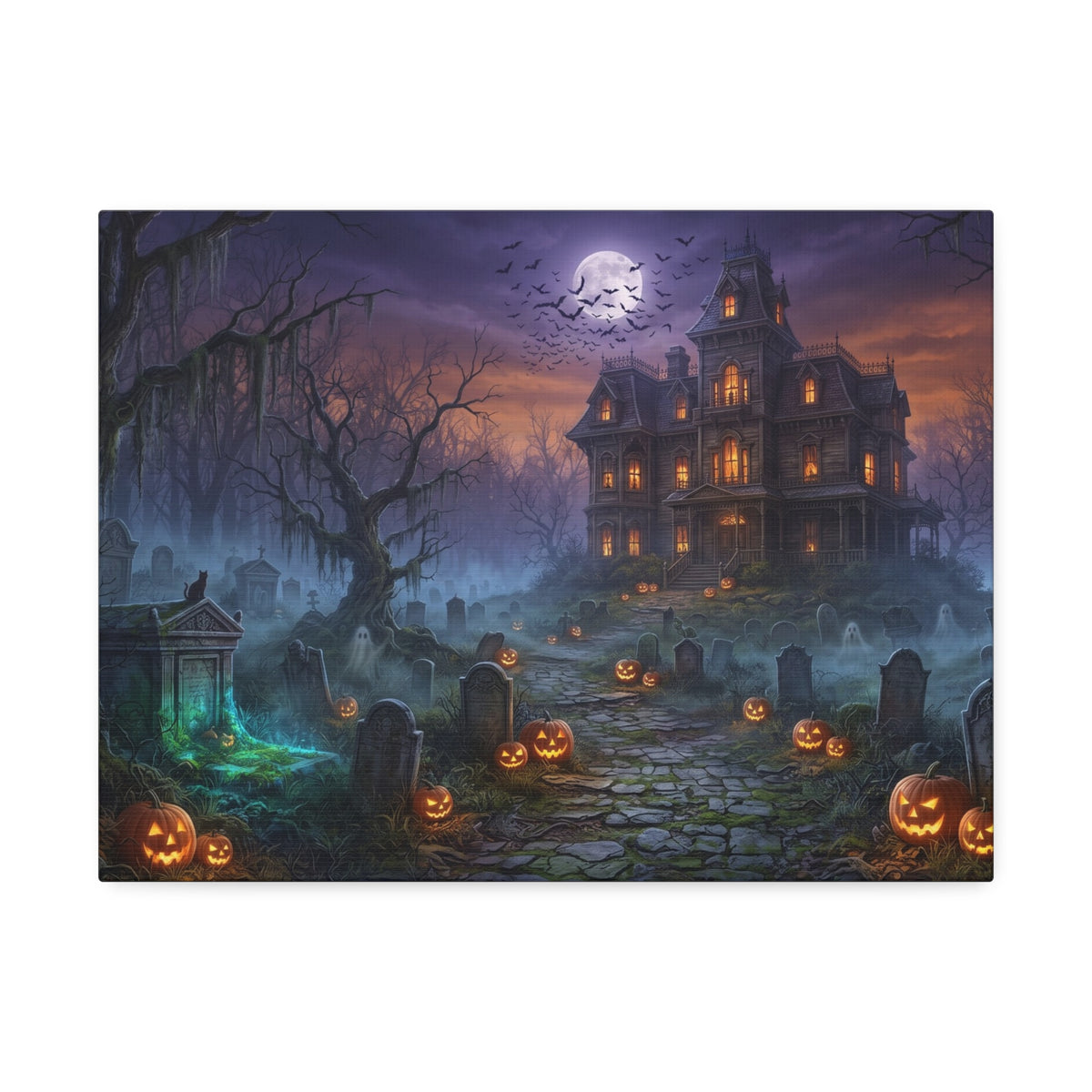 Haunted Halloween Mansion Stretched Canvas Wall Art