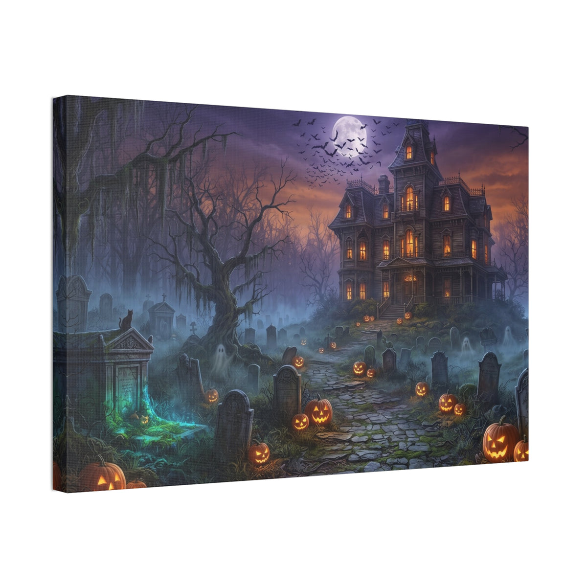 Haunted Halloween Mansion Stretched Canvas Wall Art