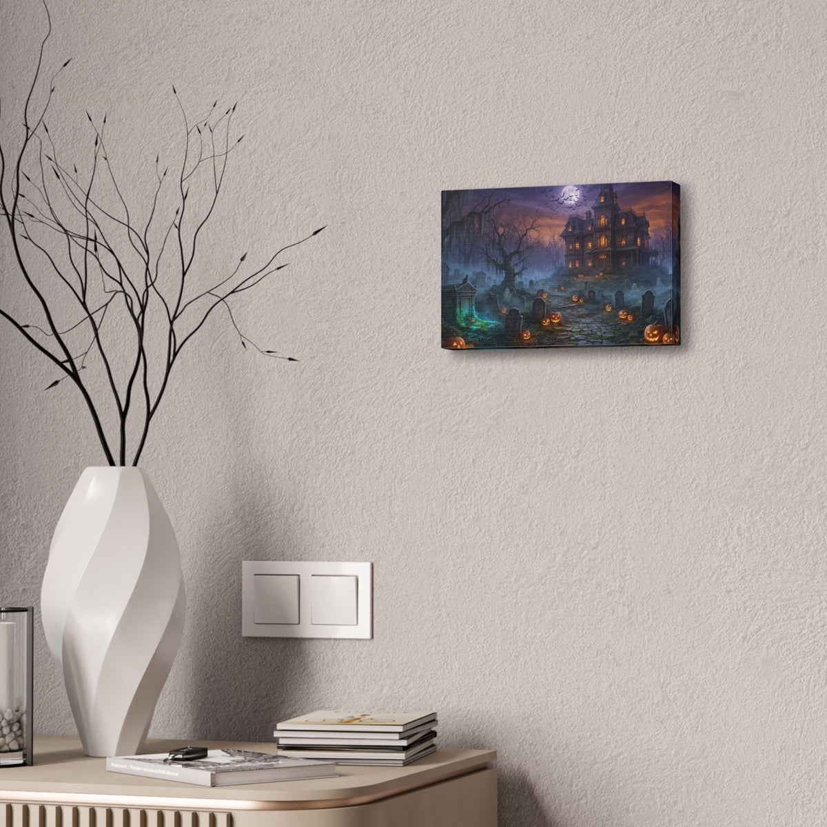 Haunted Halloween Mansion Stretched Canvas Wall Art