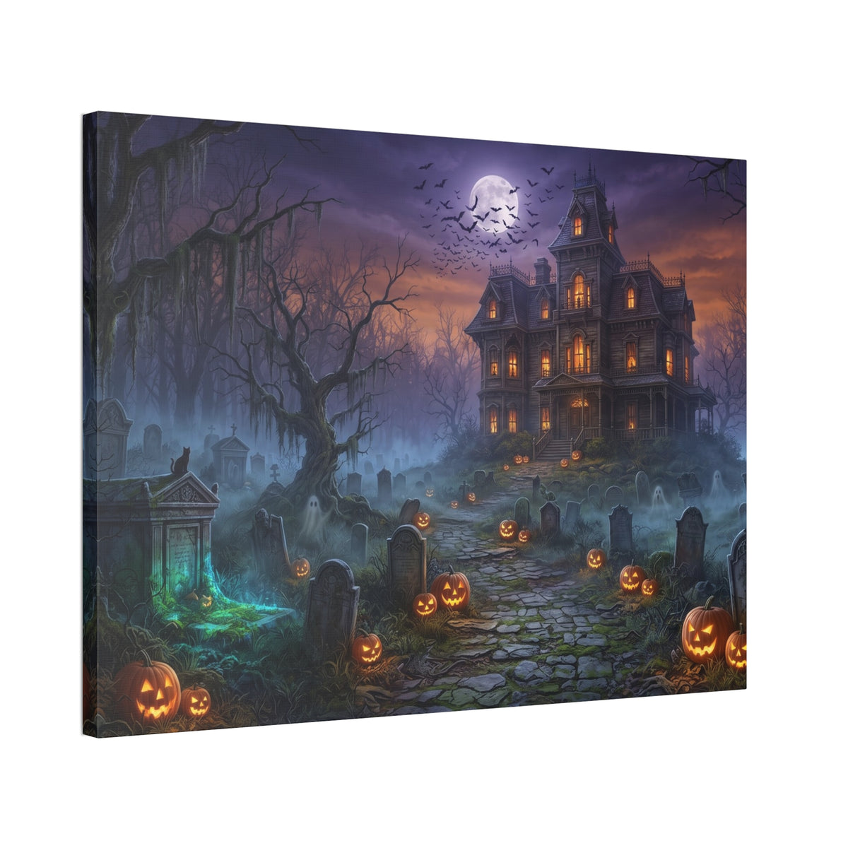 Haunted Halloween Mansion Stretched Canvas Wall Art