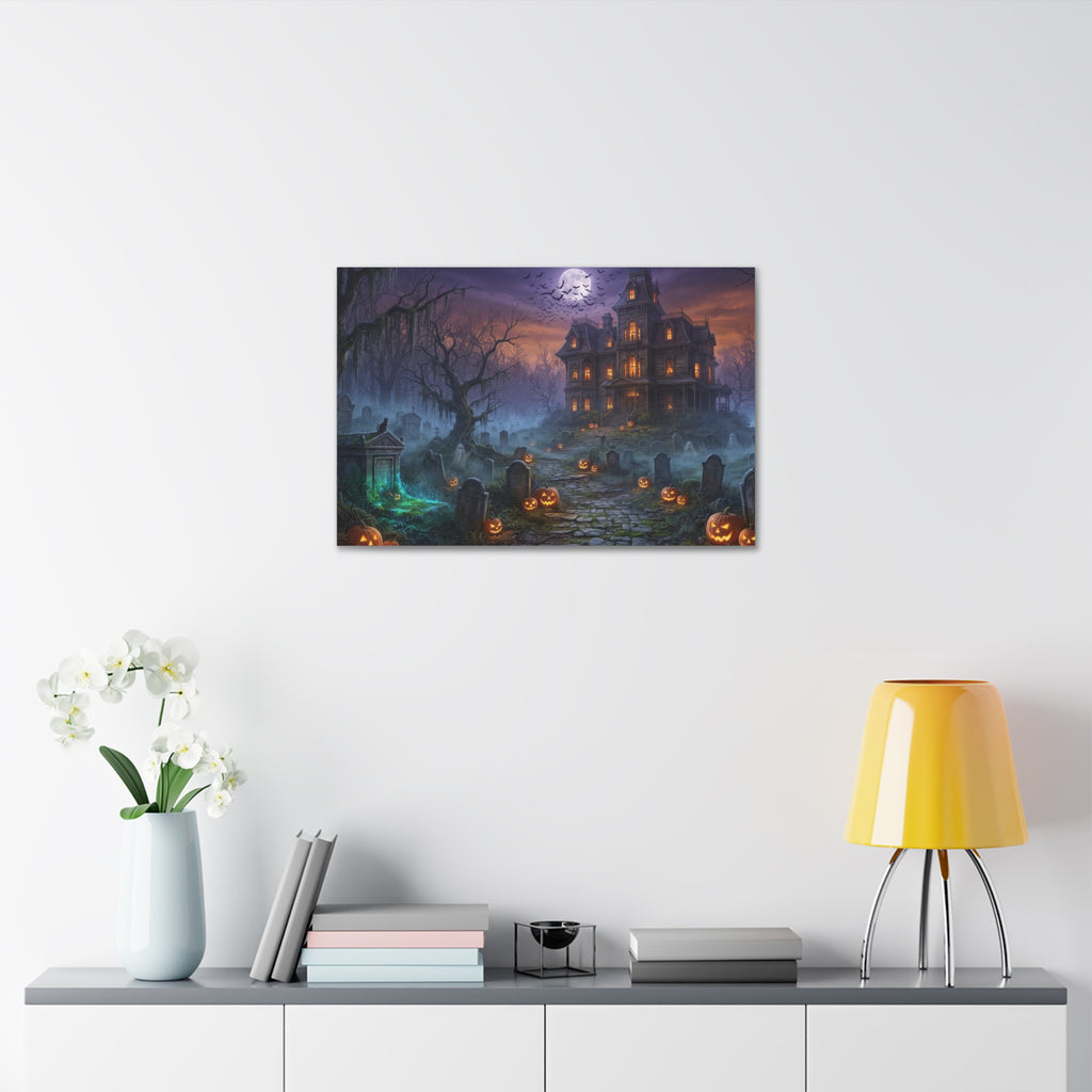 Haunted Halloween Mansion Stretched Canvas Wall Art