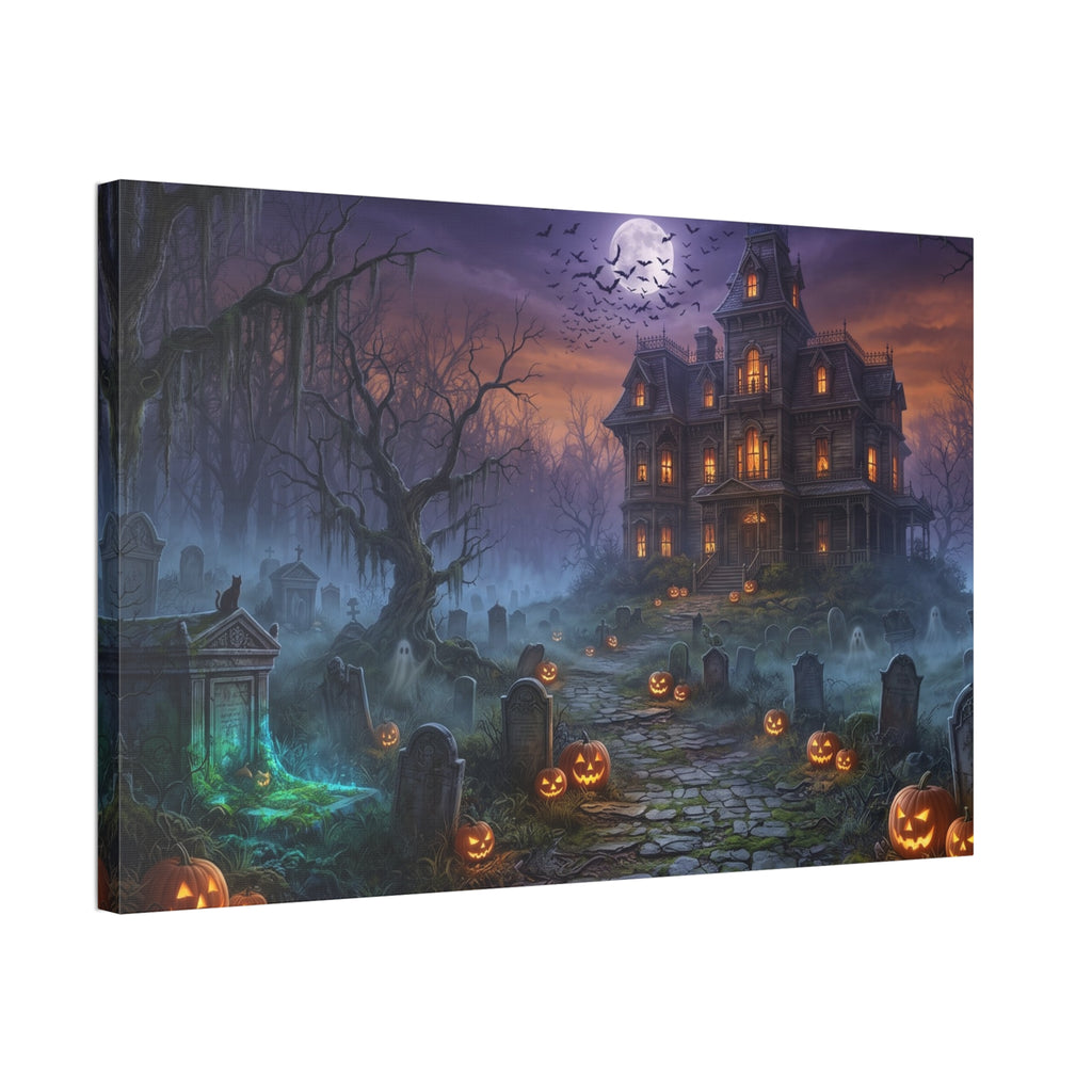 Haunted Halloween Mansion Stretched Canvas Wall Art