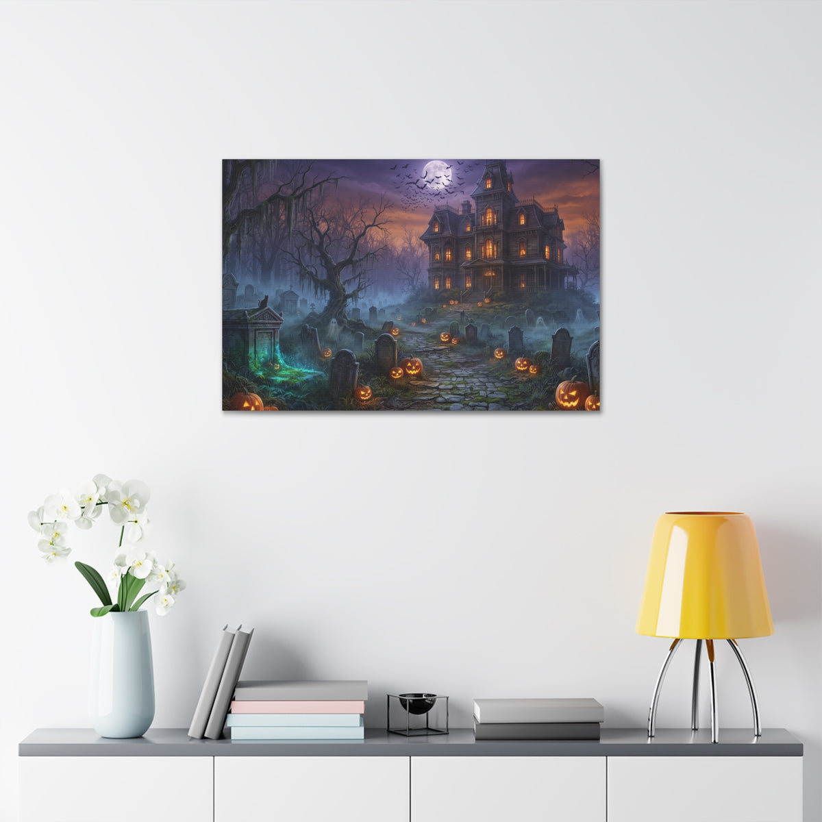 Haunted Halloween Mansion Stretched Canvas Wall Art