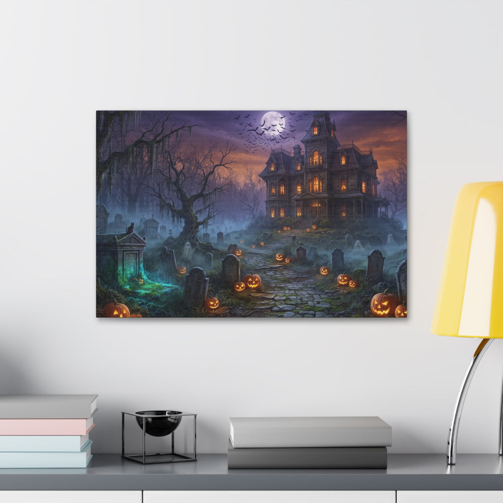Haunted Halloween Mansion Stretched Canvas Wall Art