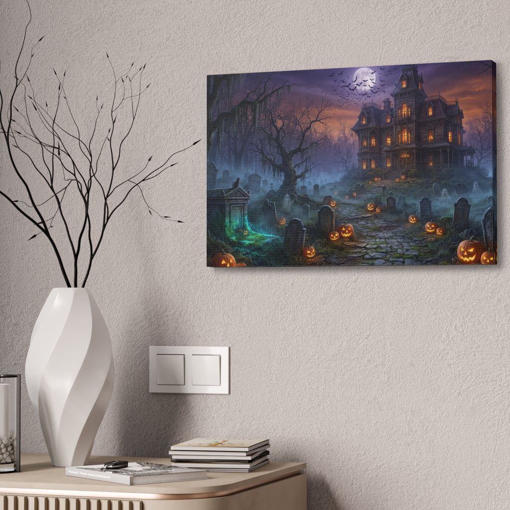 Haunted Halloween Mansion Stretched Canvas Wall Art