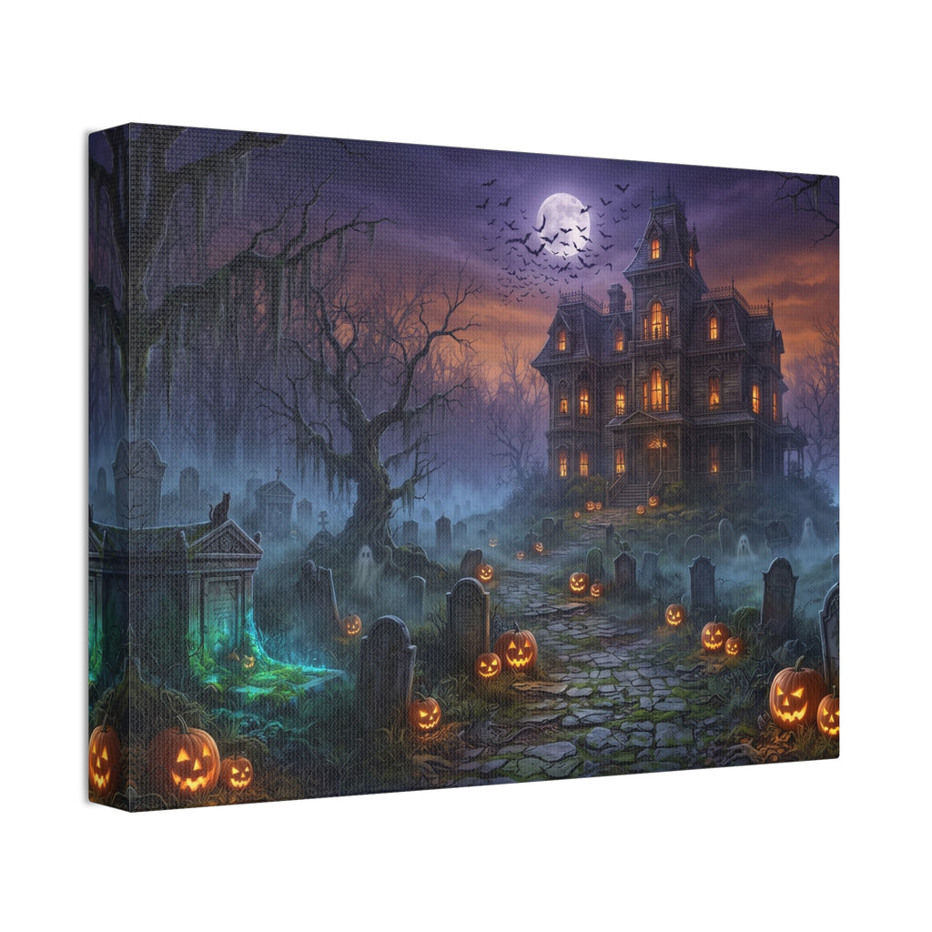 Haunted Halloween Mansion Stretched Canvas Wall Art