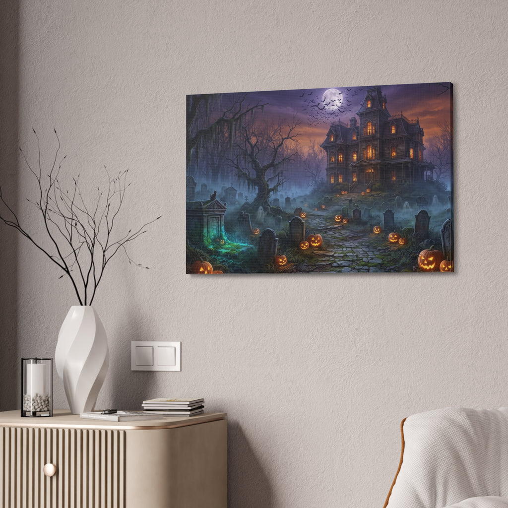 Haunted Halloween Mansion Stretched Canvas Wall Art