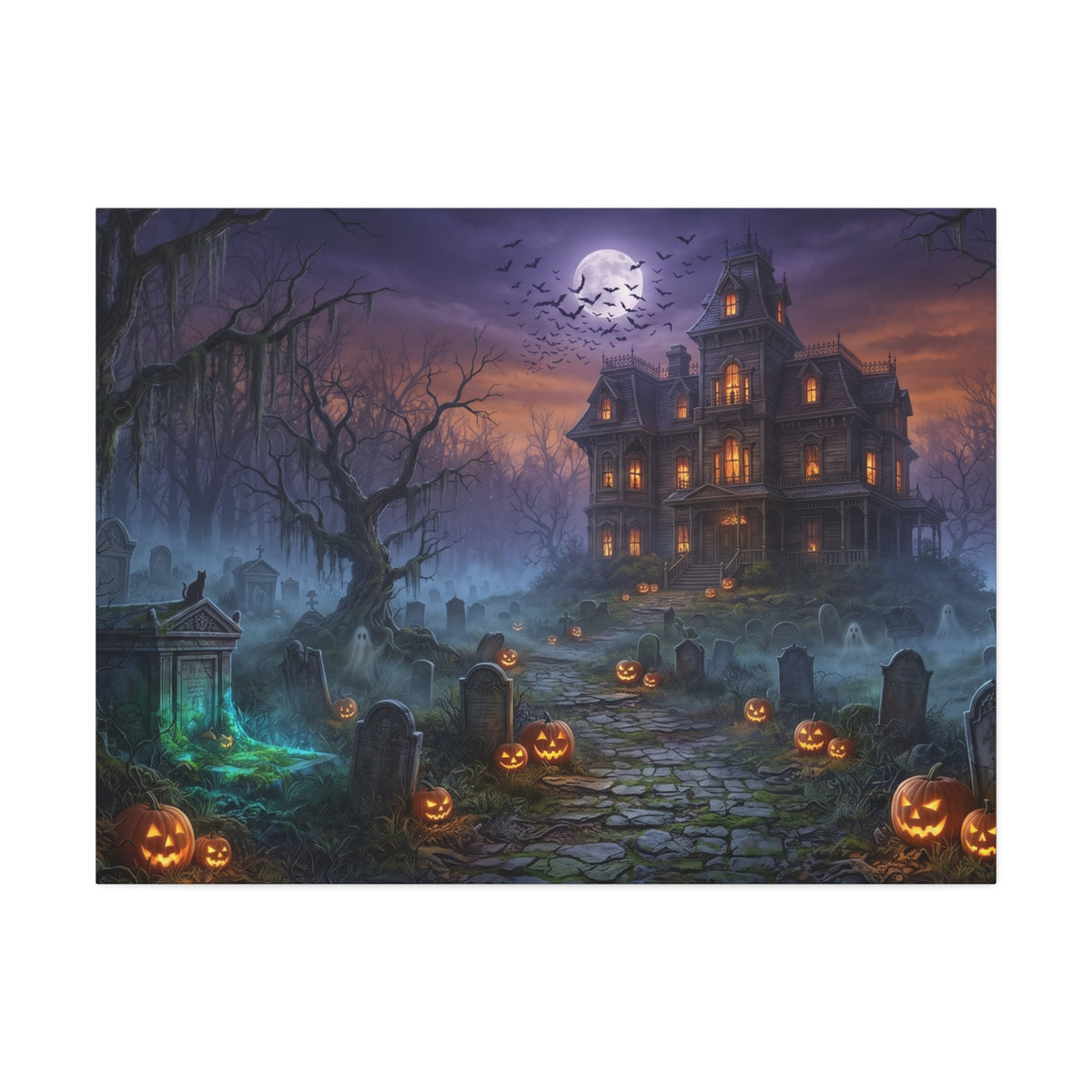 Haunted Halloween Mansion Stretched Canvas Wall Art