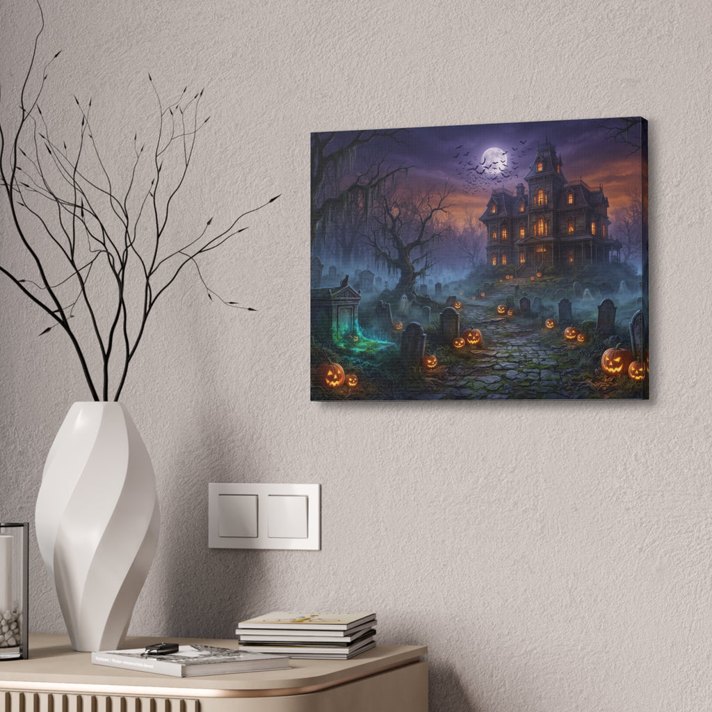 Haunted Halloween Mansion Stretched Canvas Wall Art