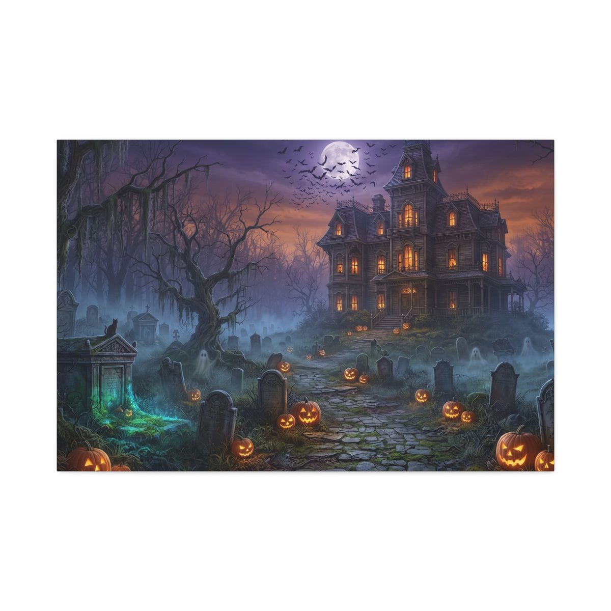 Haunted Halloween Mansion Stretched Canvas Wall Art