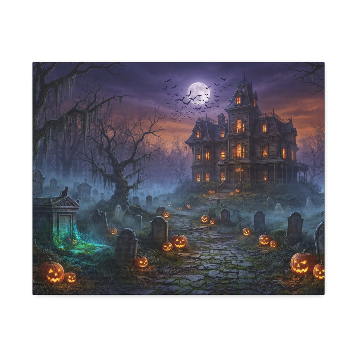 Haunted Halloween Mansion Stretched Canvas Wall Art