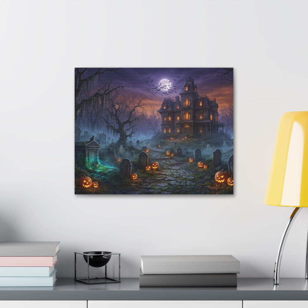 Haunted Halloween Mansion Stretched Canvas Wall Art