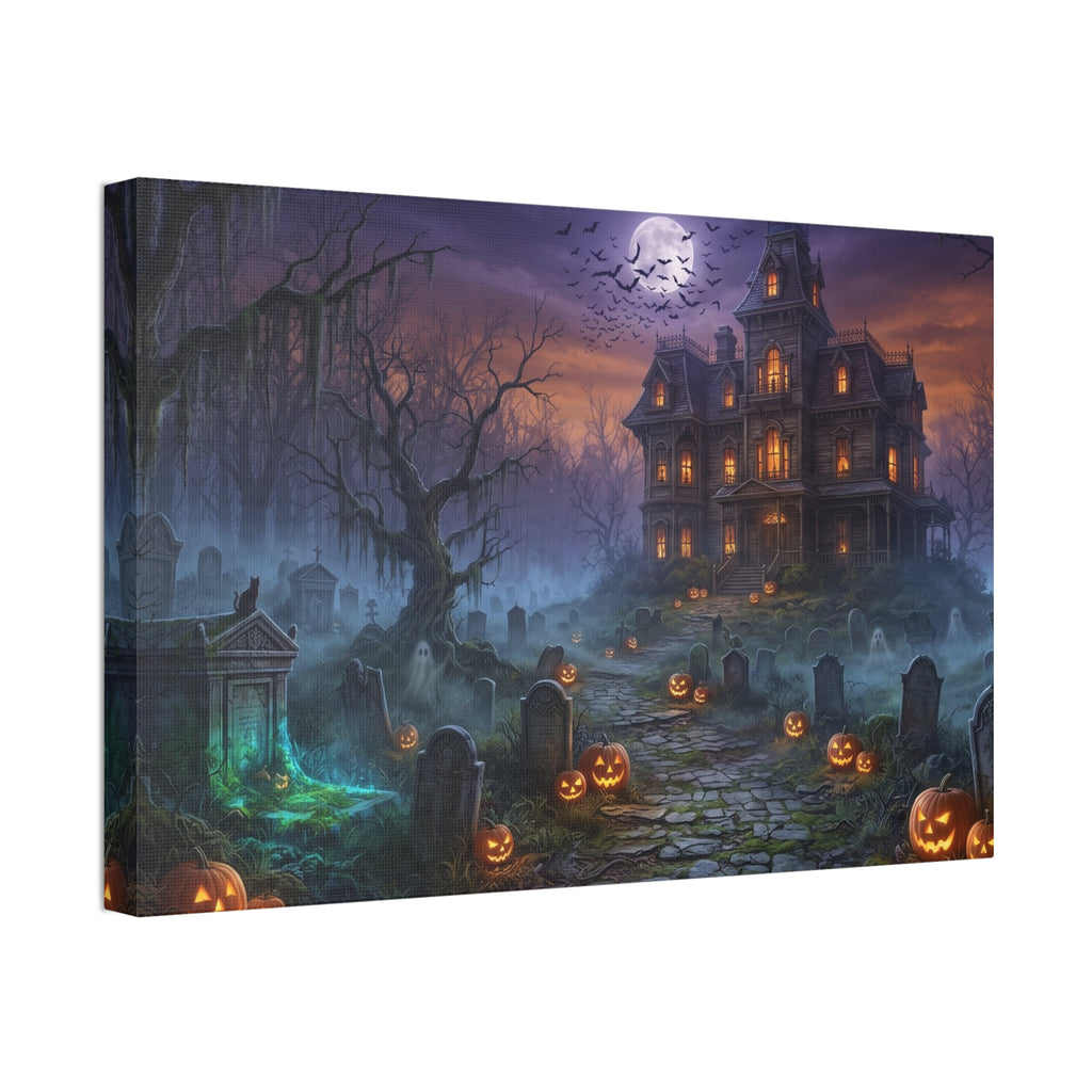 Haunted Halloween Mansion Stretched Canvas Wall Art